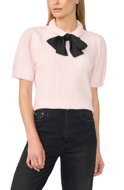 Tie Neck Cable Stitch Sweater