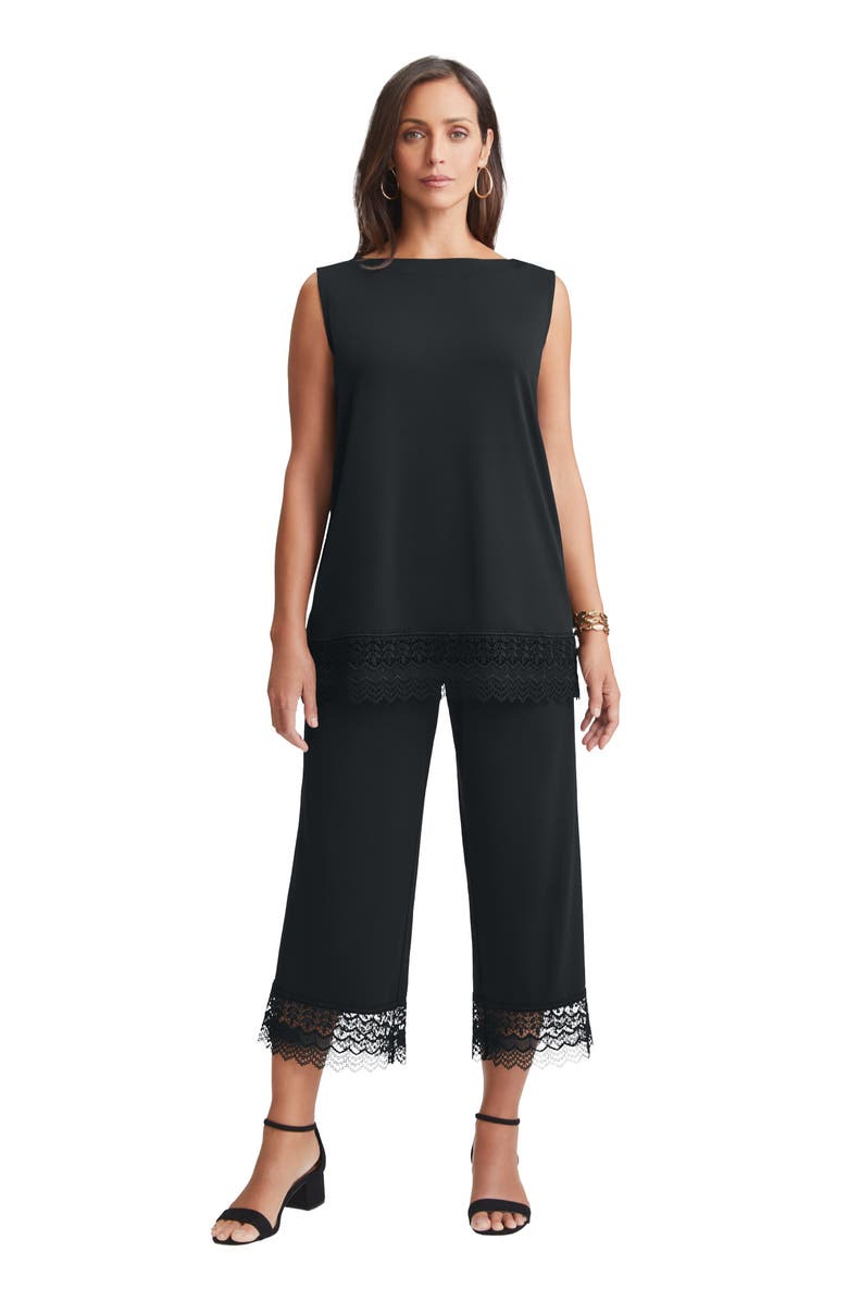 Jessica London 2-Piece Stretch Knit Lace Trim Crop Set, Main, color, Black