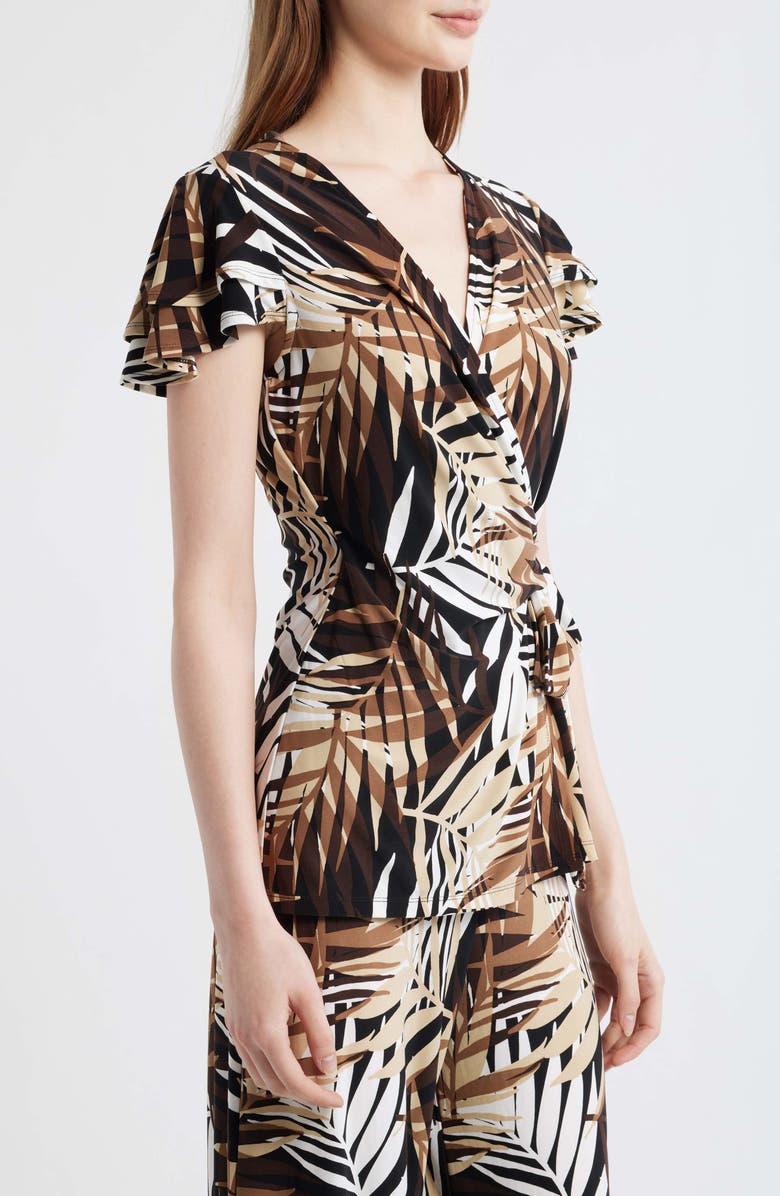 Anne Klein Leo Print Flutter Sleeve Wrap Top, Alternate, color, Anne Black Multi