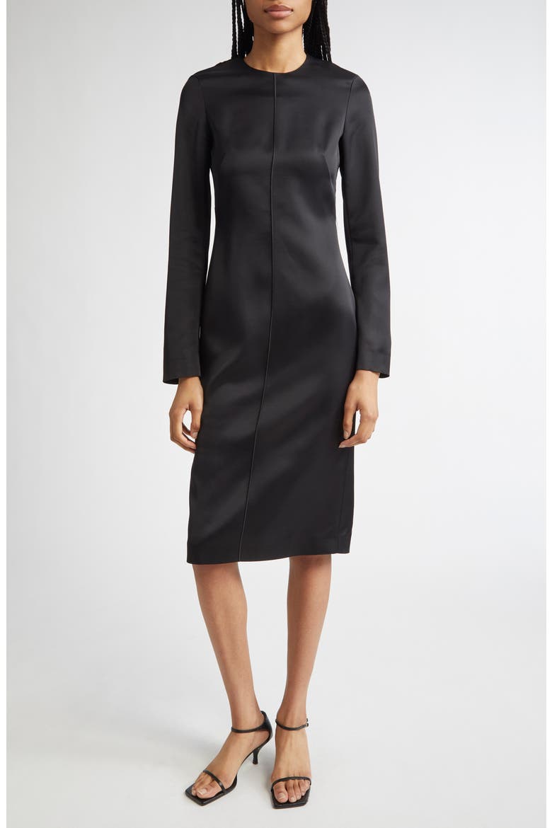 Lean Long Sleeve Satin Midi Dress, Main, color, BLACK
