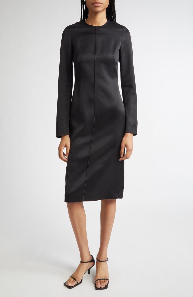TOTEME Lean Long Sleeve Satin Midi Dress, Main, color, Black