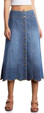 Wash Lab Denim Scallop Denim Midi Skirt