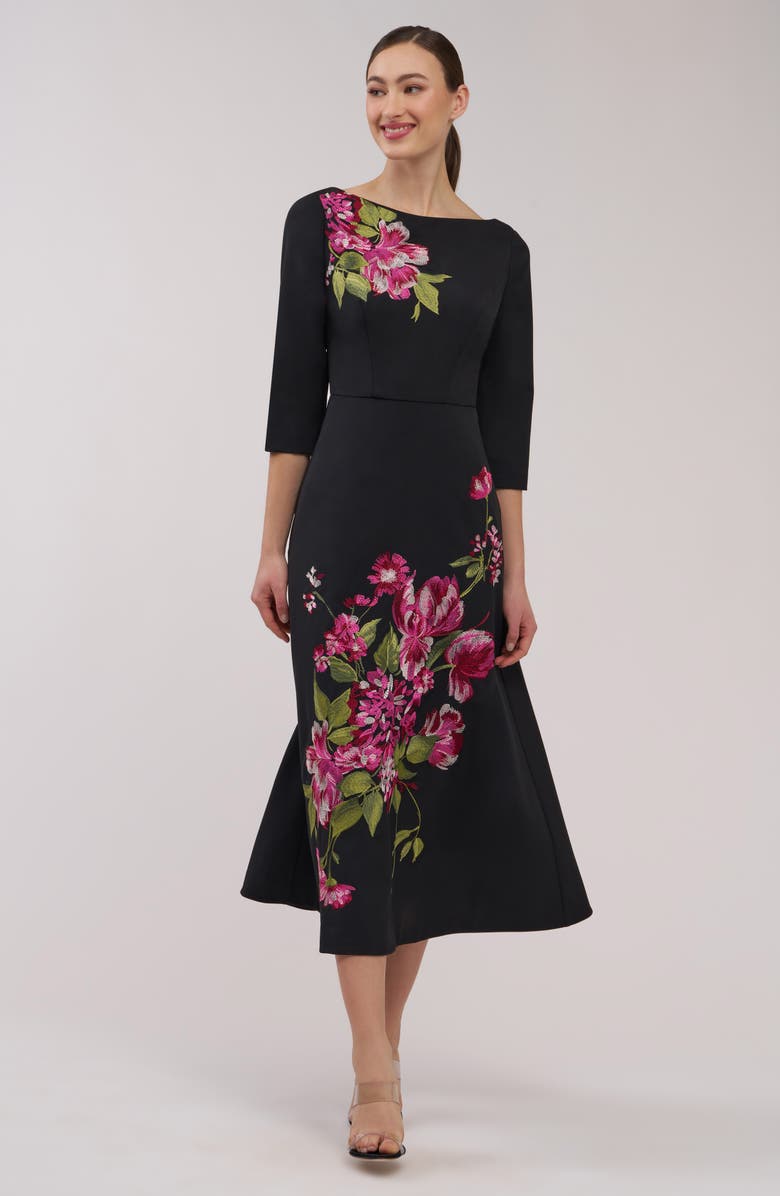 Kay Unger Greta Floral Embroidered Gown, Alternate, color, Carbon Multi