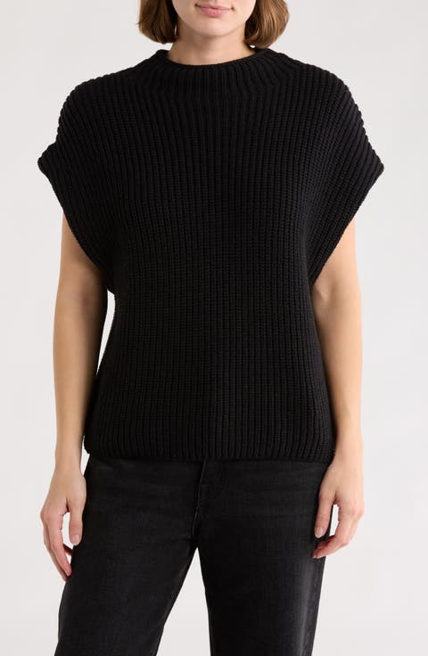 Mock Neck Cap Sleeve Cotton Blend Sweater