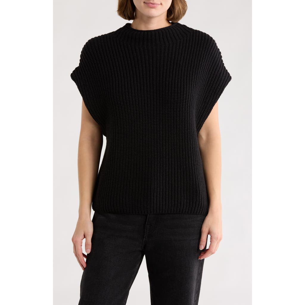 Leith Mock Neck Cap Sleeve Cotton Blend Sweater In Black