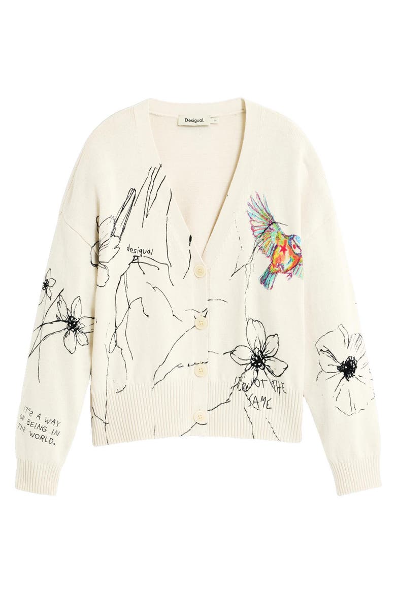 Bird Graphic Cotton Blend Cardigan, Alternate, color, OFF WHITE