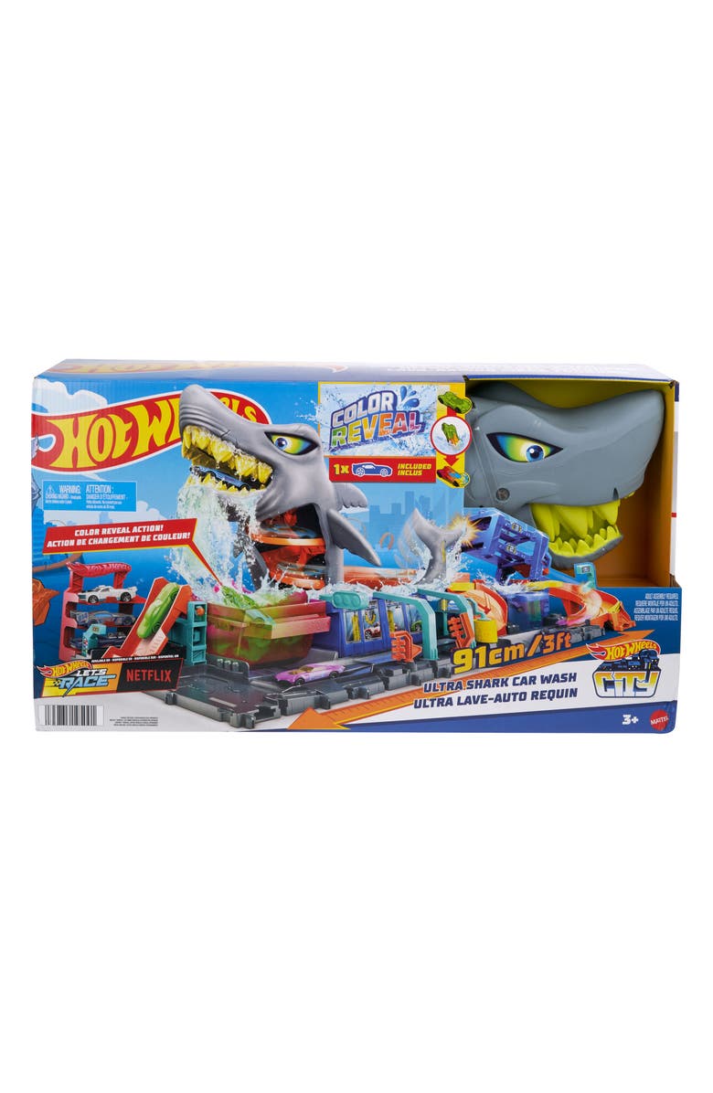 Hot Wheels City Ultra Shark Car Wash with Color Reveal Toy Car in 1:64 Scale Playset, Alternate, color, 