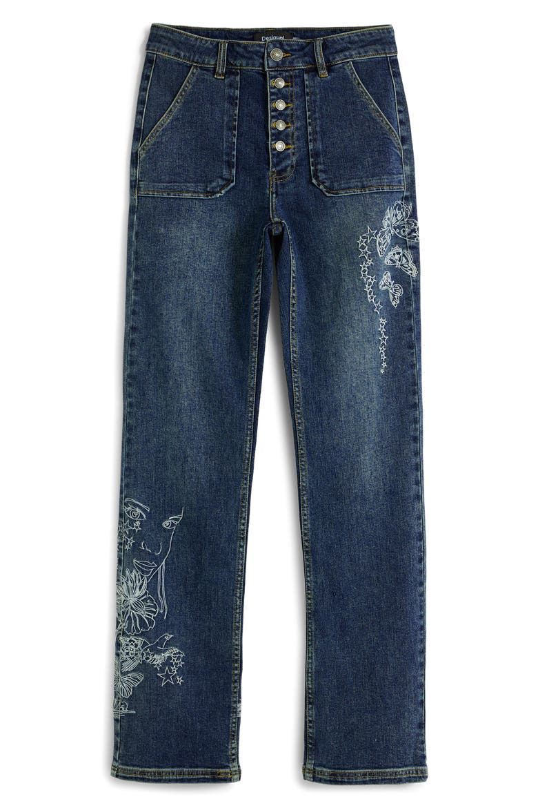 Embroidered Detail Exposed Button-Fly Jeans, Alternate, color, BLUE