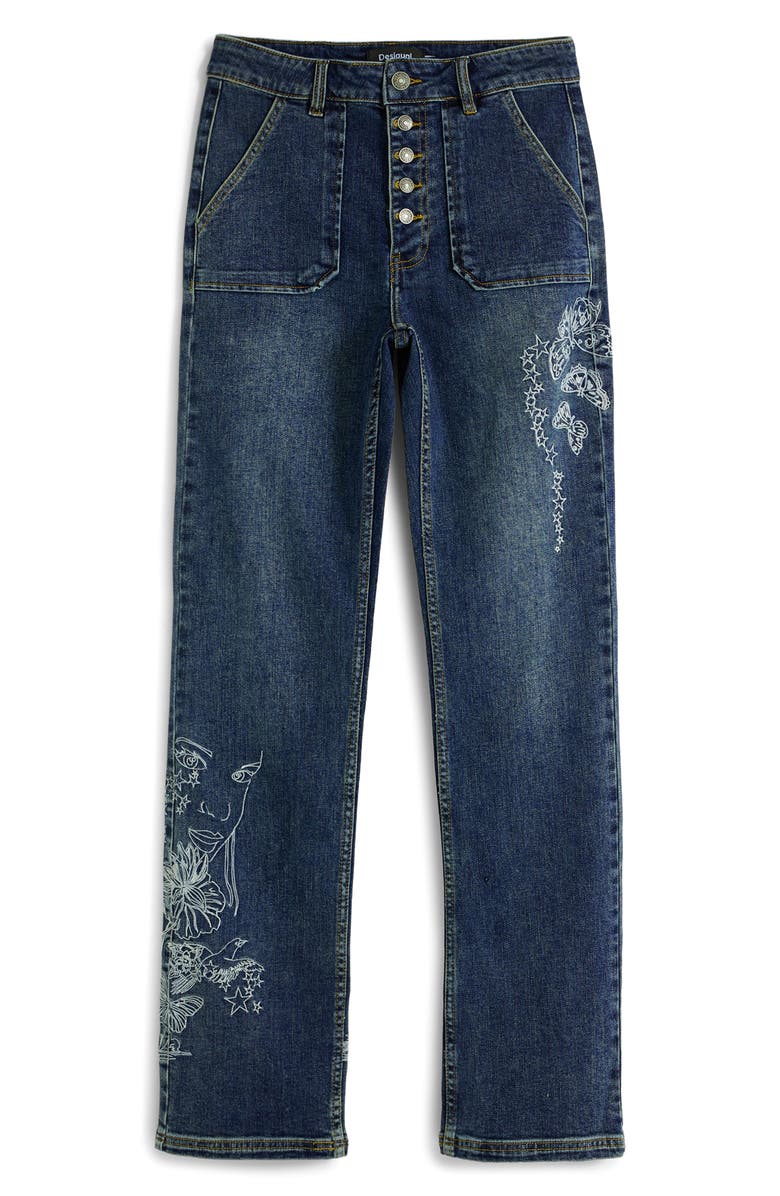 Desigual Embroidered Detail Exposed Button-Fly Jeans, Alternate, color, Blue
