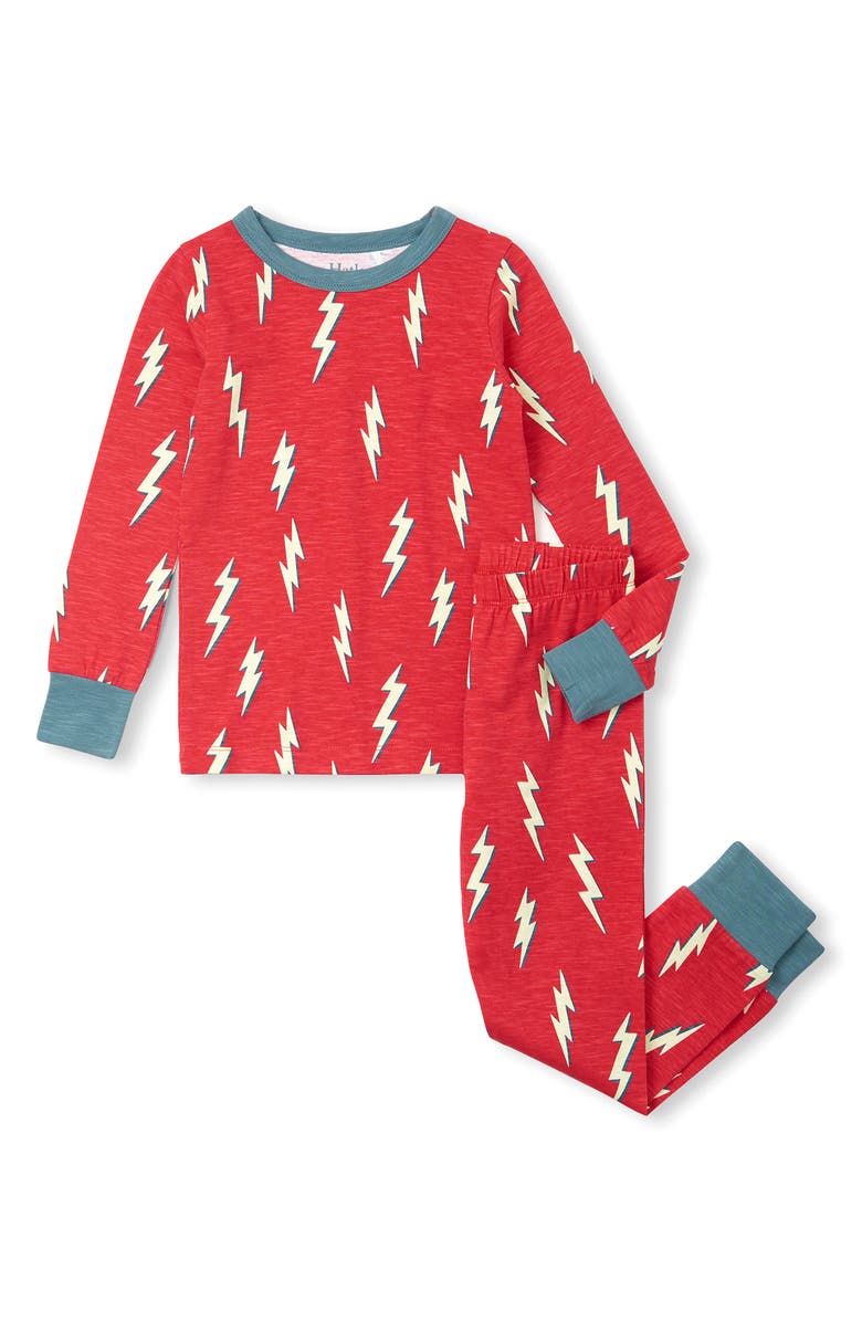 Hatley Kids' Glow in the Dark Lightning Bolts Print Fitted Two-Piece Pajamas, Main, color, Chrysanthemum