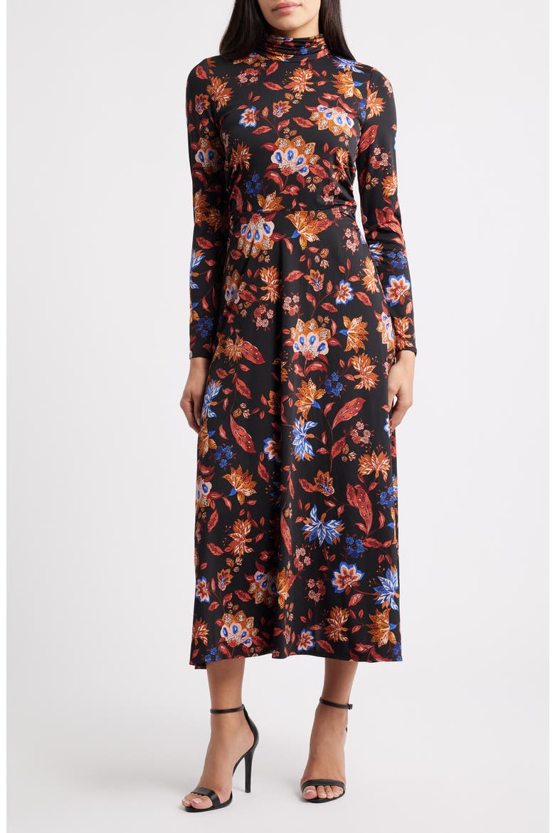 Floral Mock Neck Long Sleeve Midi Dress, Main, color, BLACK MULTI