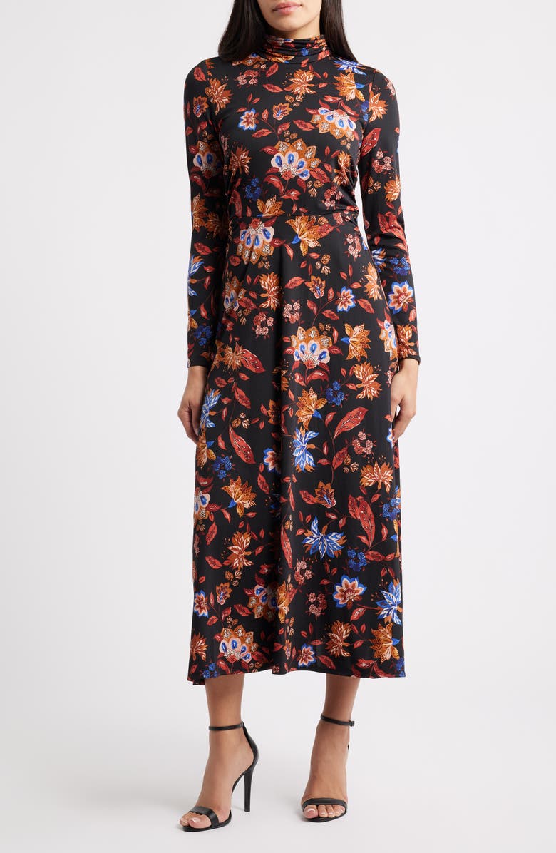 Julia Jordan Floral Mock Neck Long Sleeve Midi Dress, Main, color, Black Multi