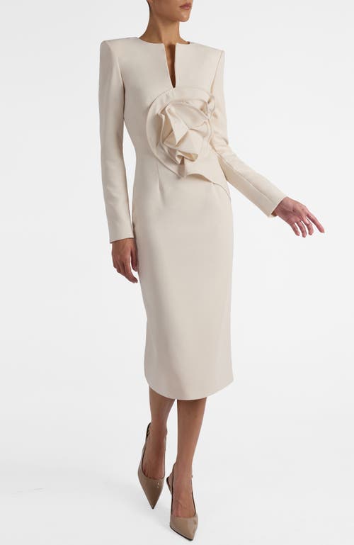 Santorelli Maya Long Sleeve Midi Dress With Dramatic Floral Applique In Stretch Crepe In White