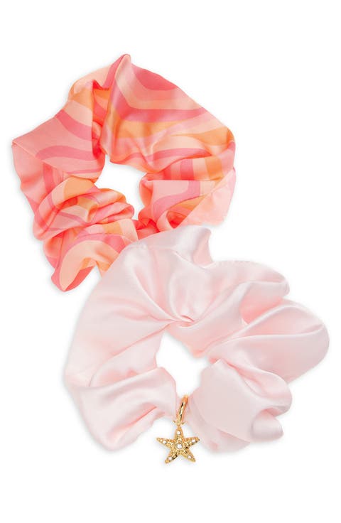 Assorted 2-Pack Spritz Satin Scrunchie Set with Crystal Embellished Starfish Charm