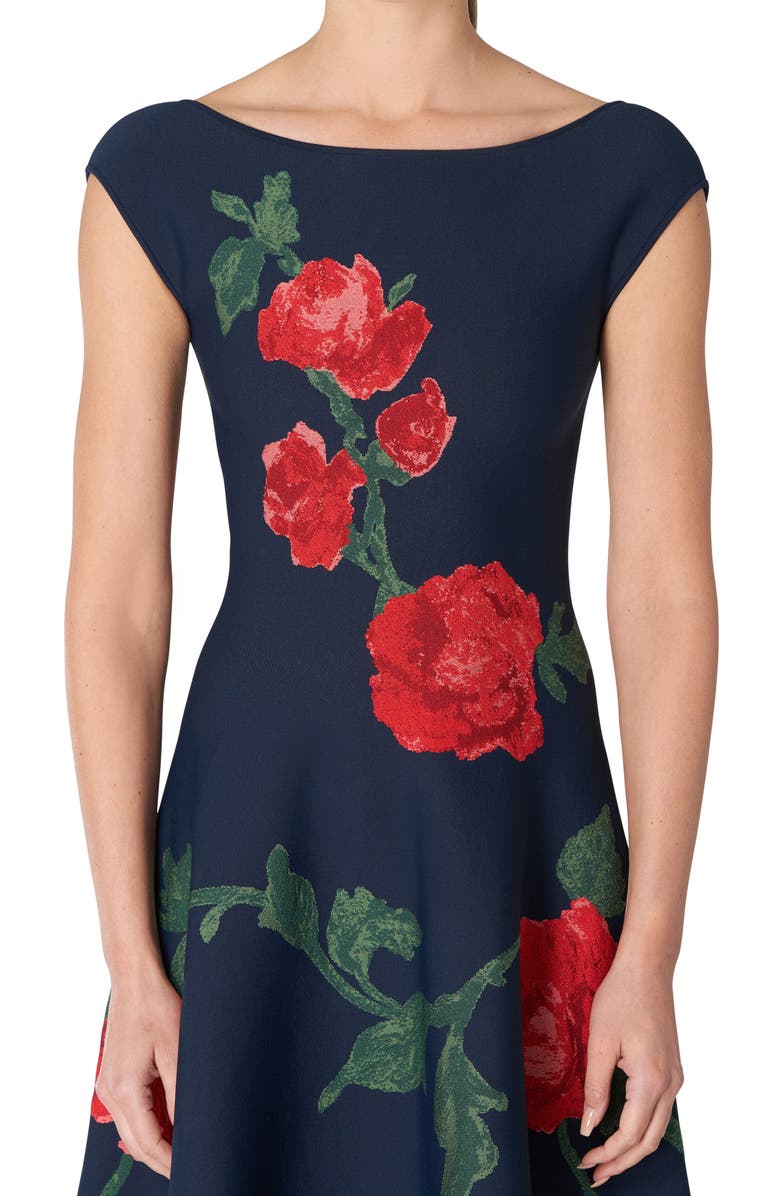 Carolina Herrera Floral Jaquard Bateau Neck Fit & Flare Dress, Alternate, color, 