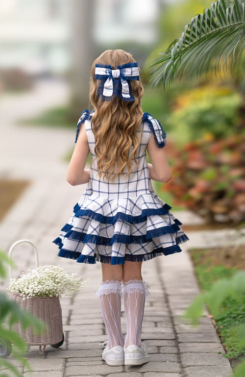Petite Maison Kids Checkered Linen Tulle Dress In Navy Checkered