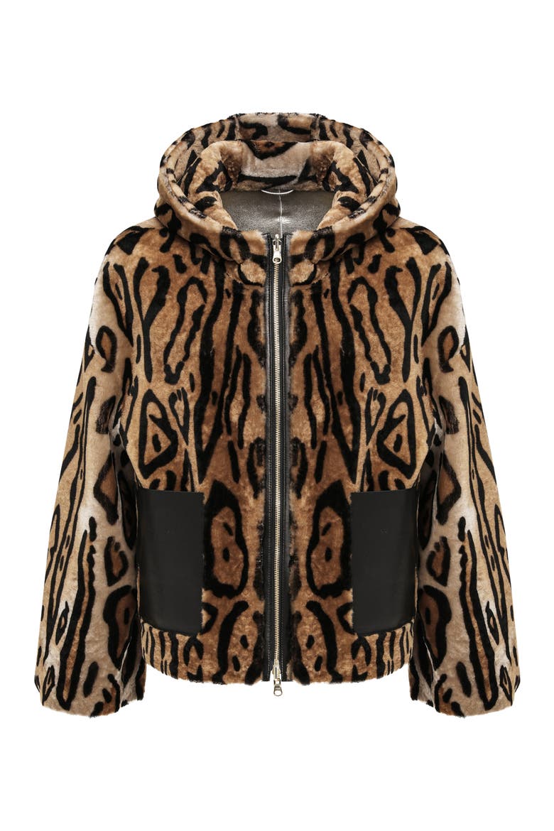 Genuine Shearling Hooded Jacket, Reversible, Alternate, color, OCELO PRINT/GOLD