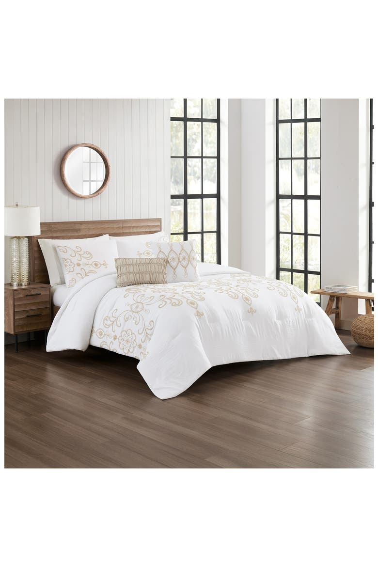 Sabrina 5-Piece Comforter Set, Alternate, color, WHITE WITH GOLD EMBROIDERY