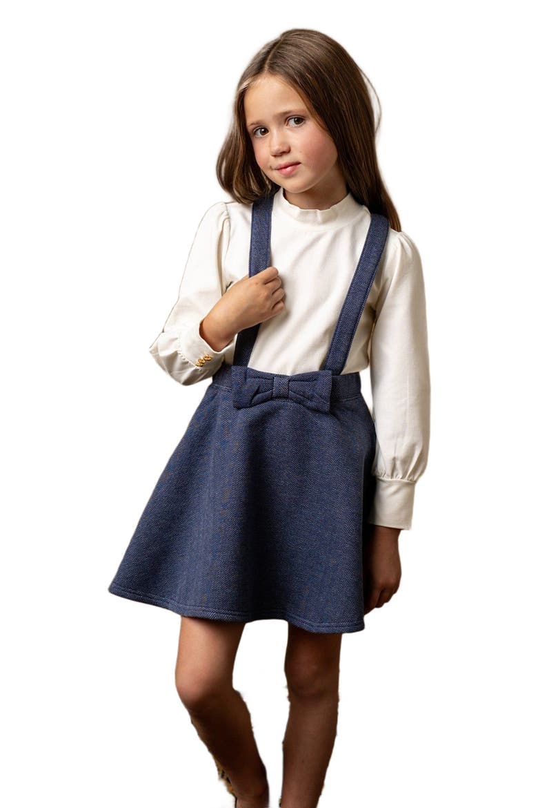 Girls' Fleece Bow Front Suspender Skirt, Toddler, Alternate, color, Navy Herringbone
