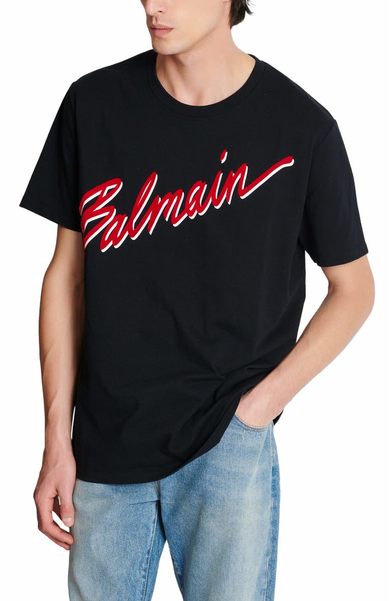 Balmain T-Shirt With Flocked Balmain Letter Logo, Alternate, color,