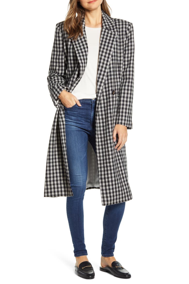 Double Breasted Gingham Long Coat, Main, color, GULL GREY