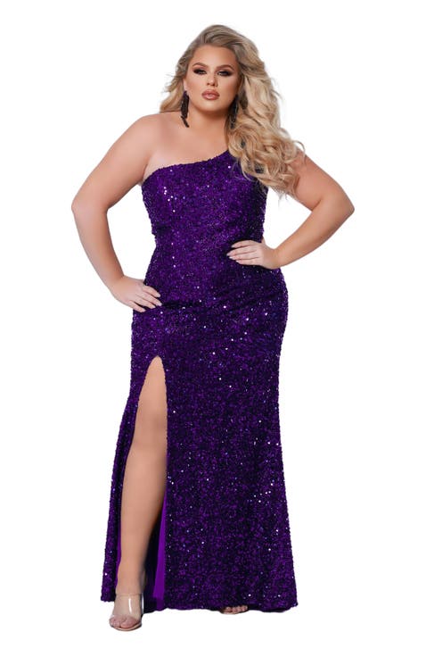 One-Shoulder Sequin Plus Size Evening Gown