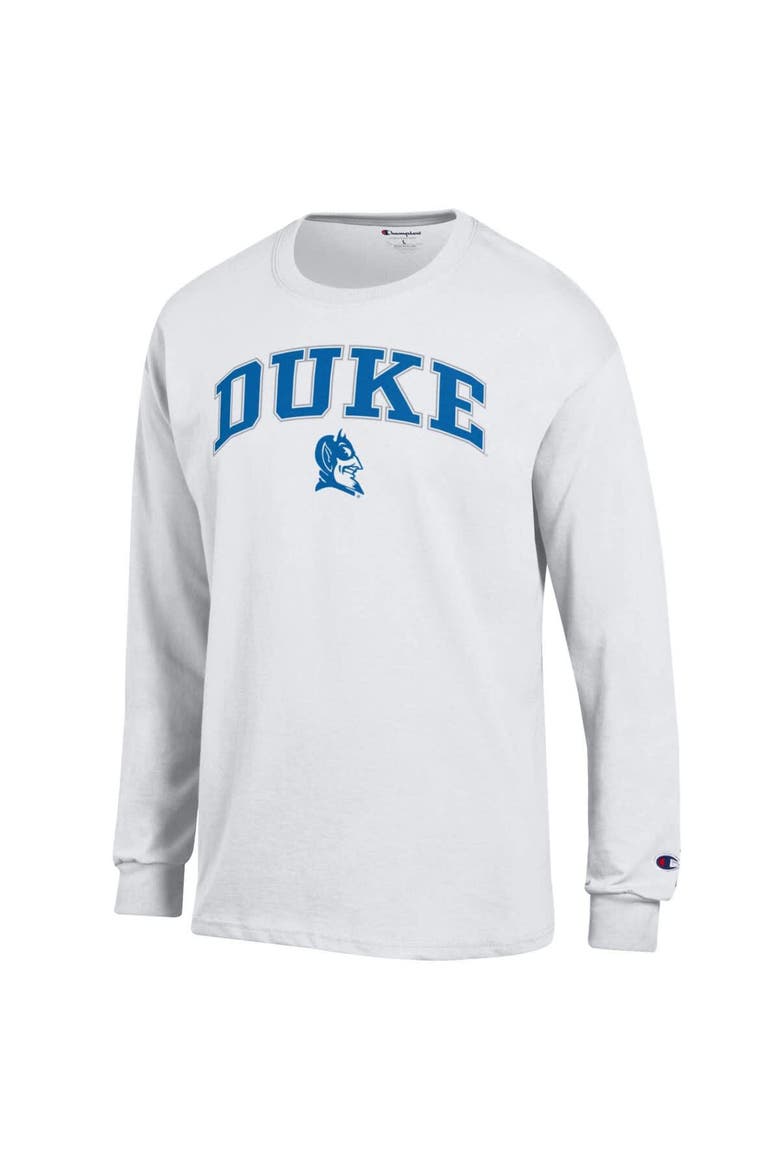 Men's Champion  White Duke Blue Devils Arch Over Logo Long Sleeve T-Shirt, Alternate, color, White