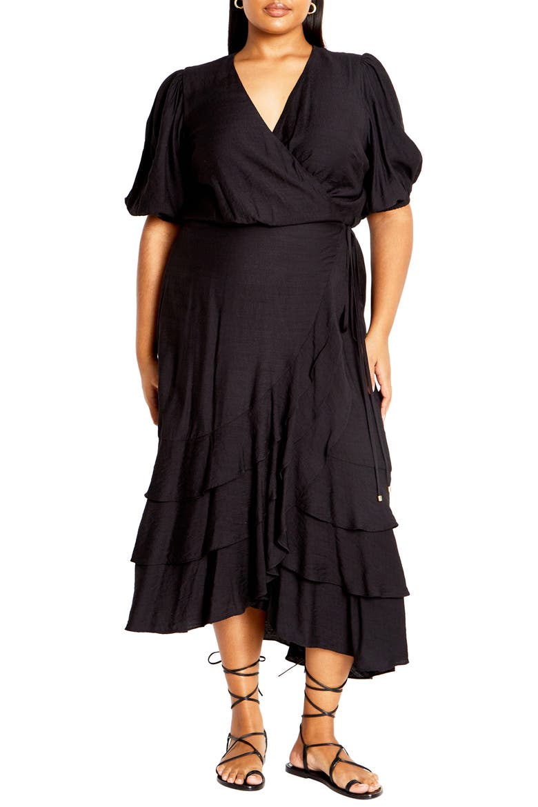 Bea Wrap Front Tiered Dress, Main, color, BLACK