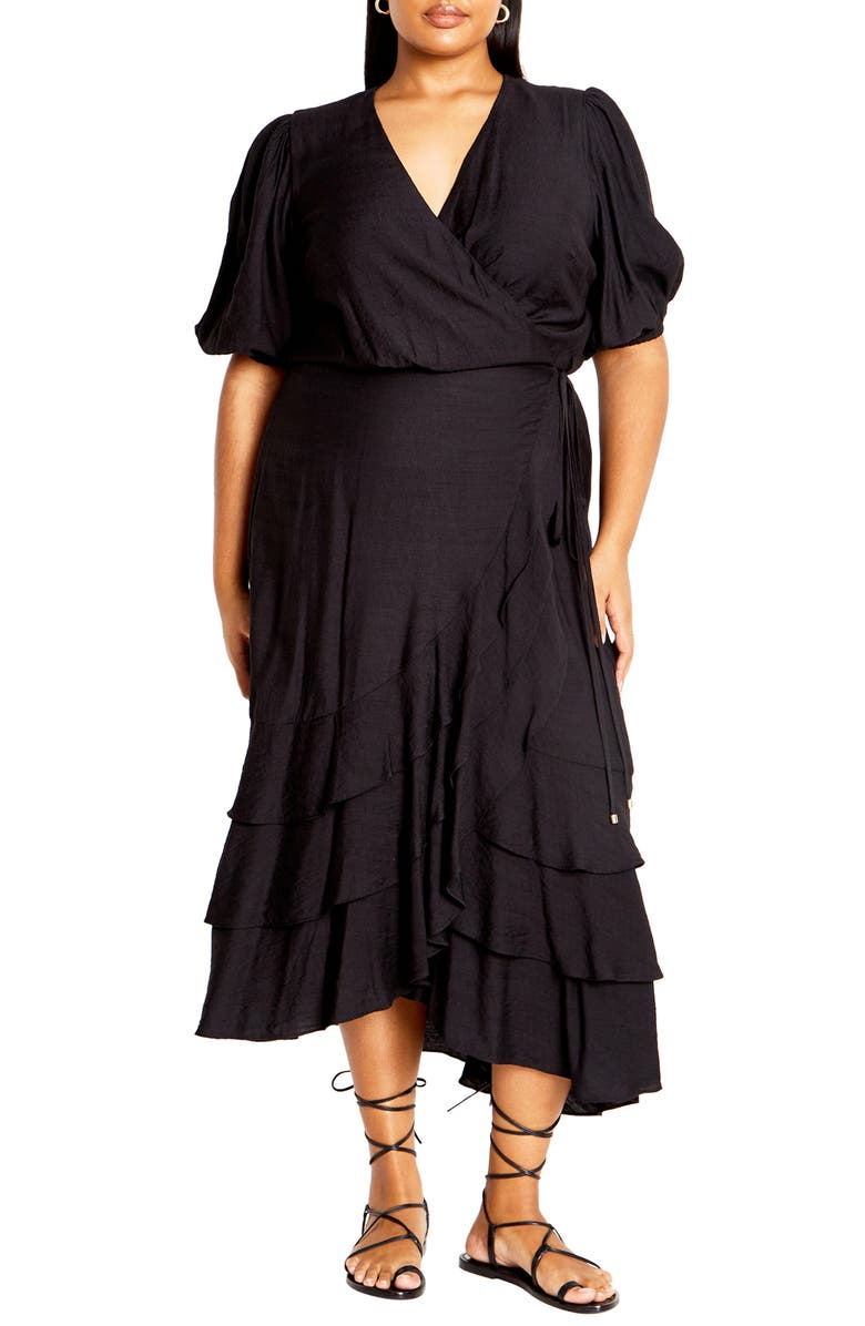 City Chic Bea Wrap Front Tiered Dress, Main, color, Black
