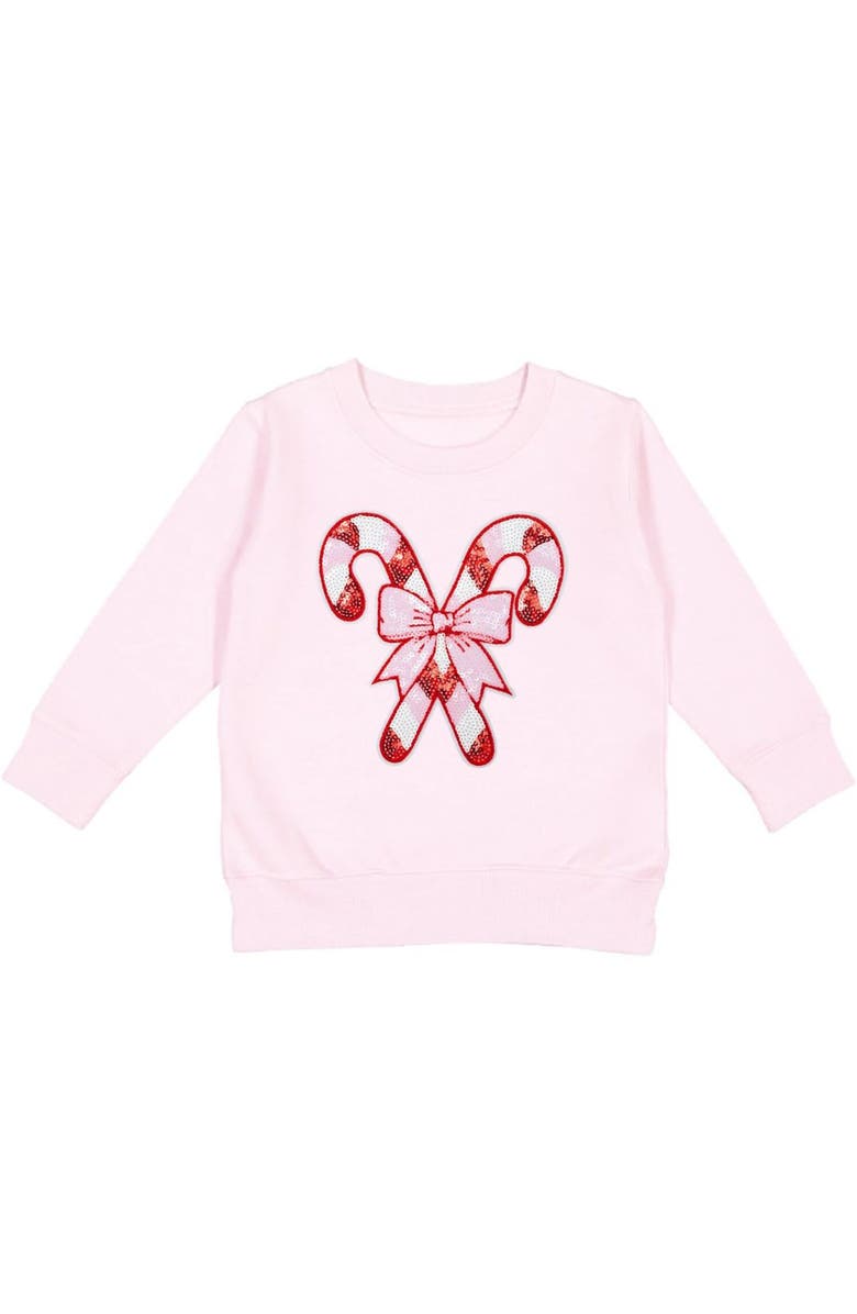 Sweet Wink Candy Cane Patch Christmas Sweatshirt, Main, color, Ballet Pink