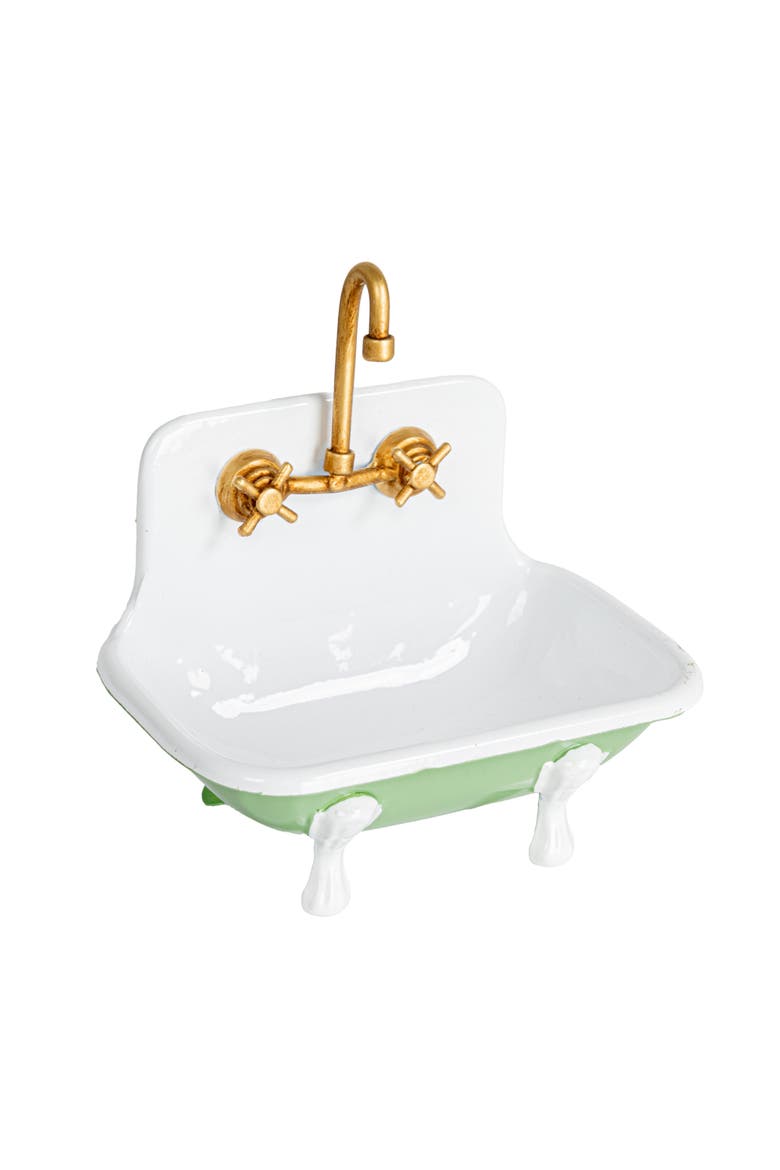 Vintage-Inspired Metal Sink Soap Dish with Faucet Design, Green, White and Gold, Main, color, White