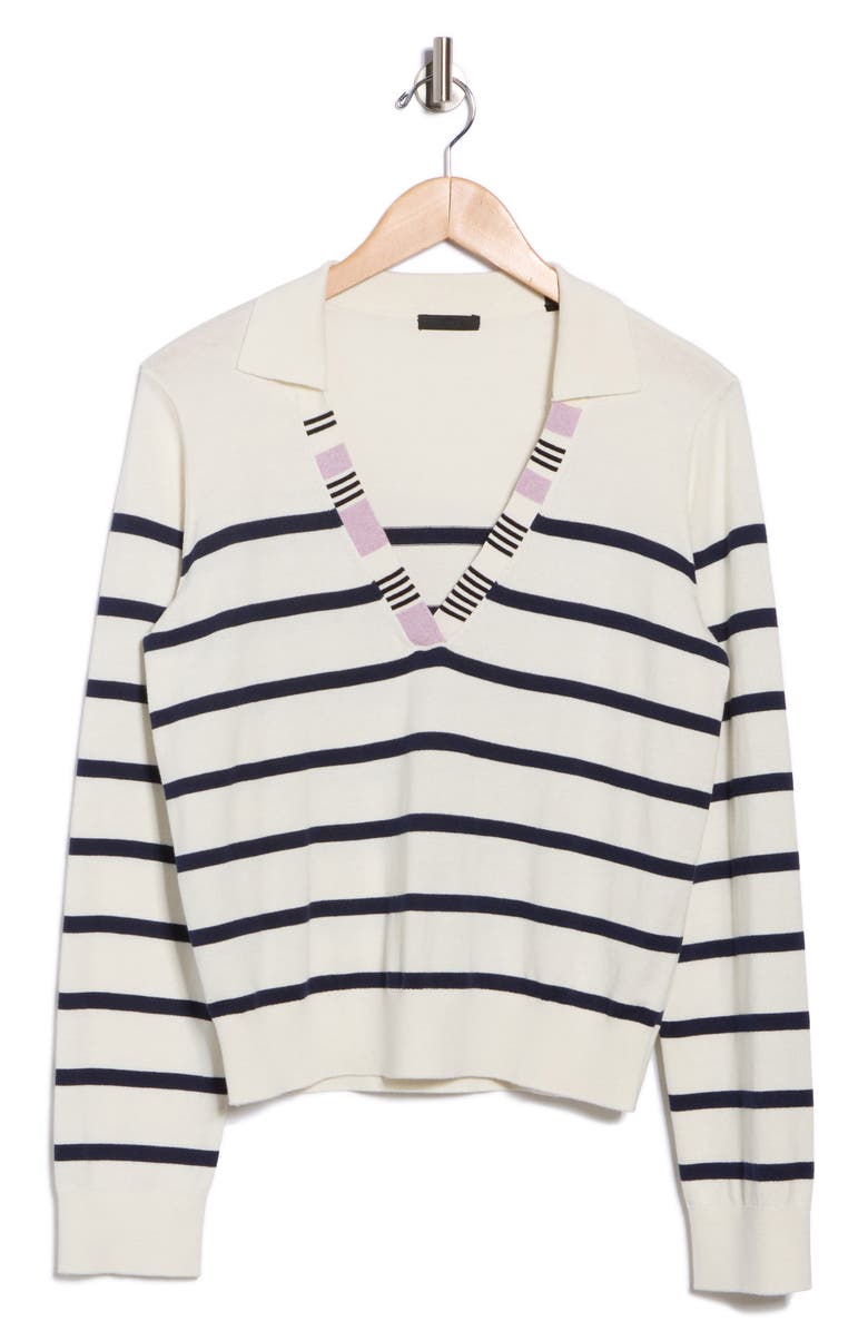 ATM Anthony Thomas Melillo Stripe Cotton & Silk Johnny Collar Sweater, Alternate, color, White / Midnight