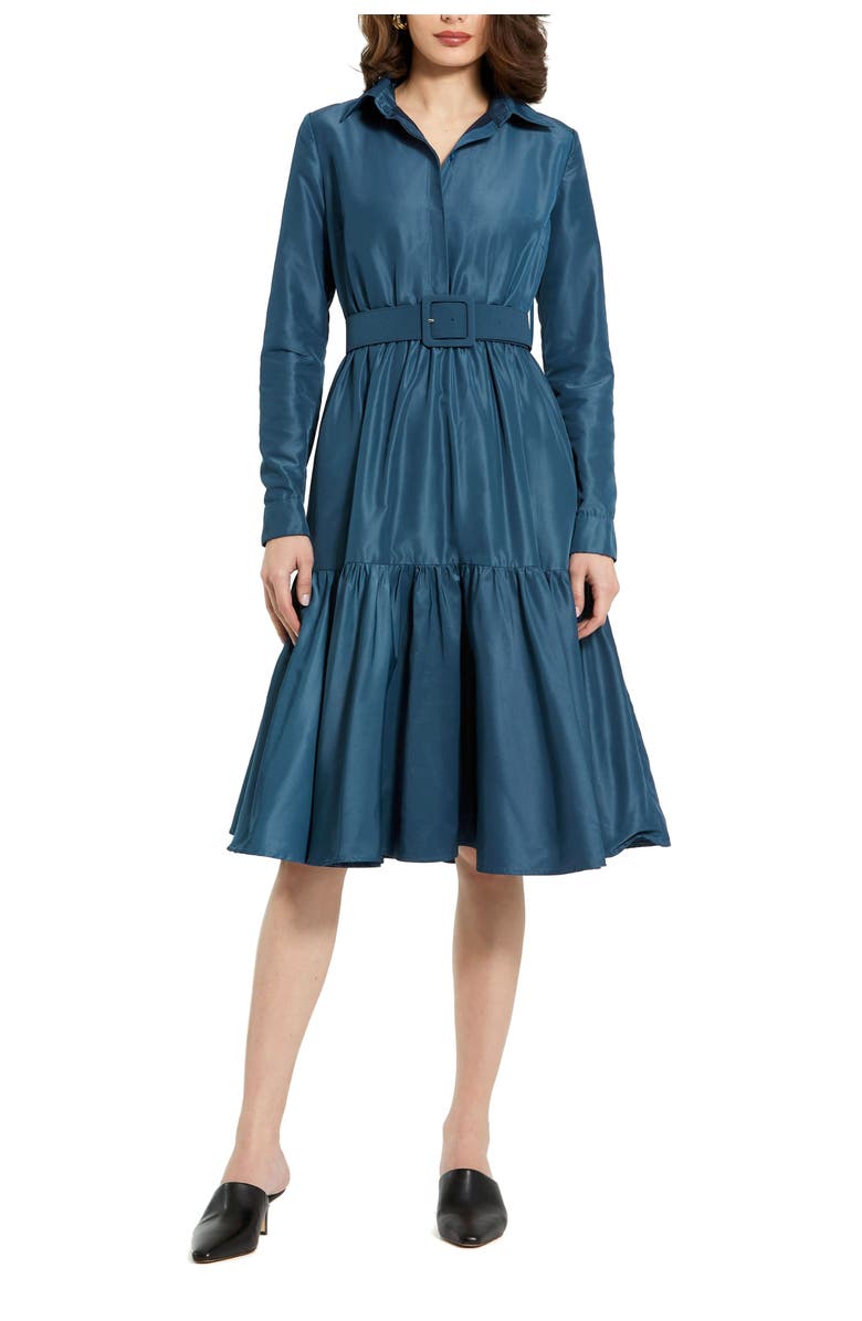 Mac Duggal Faille Long Sleeve Collared Belted Midi Dress, Main, color, Deep Blue