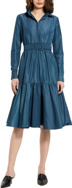 Mac Duggal Faille Long Sleeve Collared Belted Midi Dress
