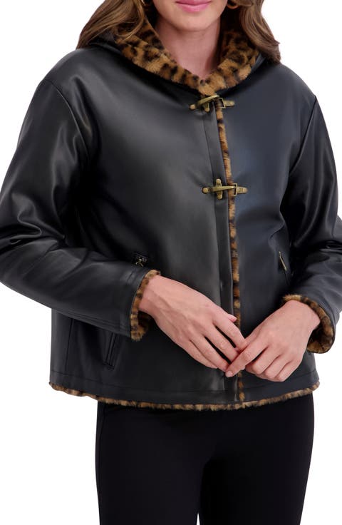 Faux Fur Lined Faux Leather Hooded Jacket