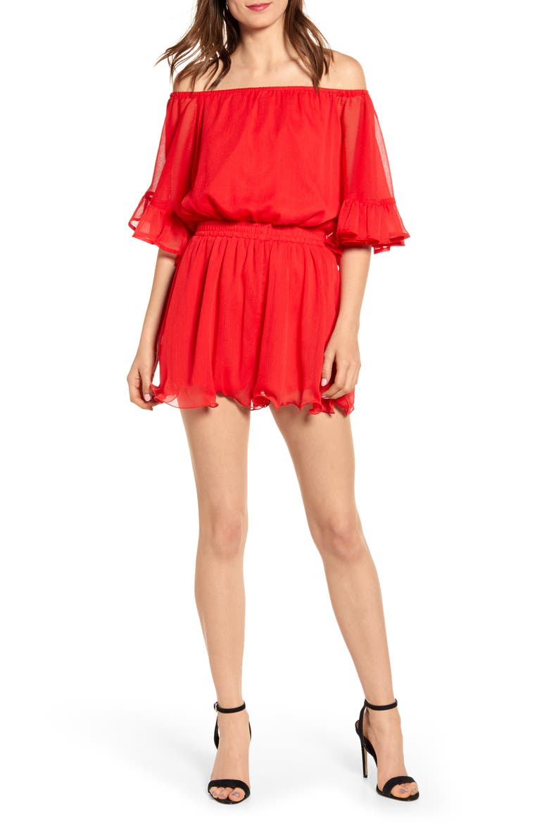 Off the Shoulder Ruffle Sleeve Romper, Main, color, RED