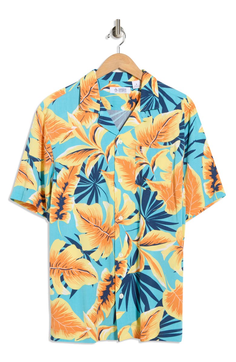 Original Penguin Tropical Print Camp Shirt, Alternate, color, Aquarelle