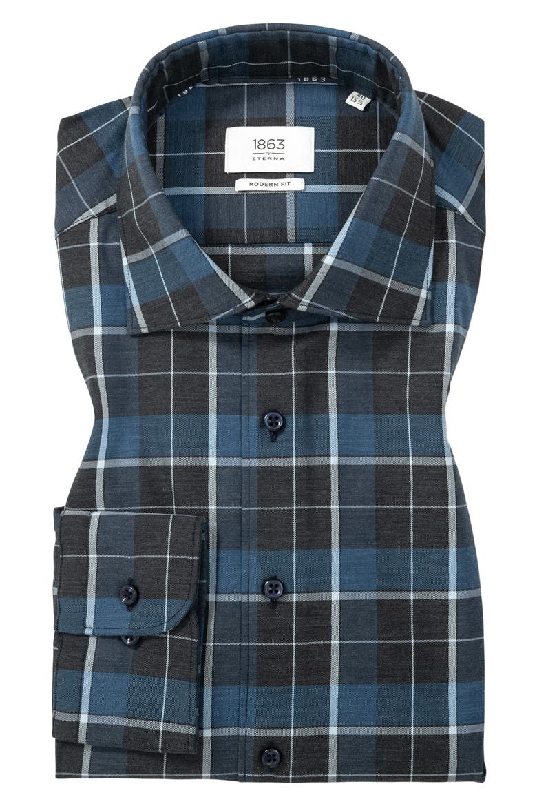 Modern Fit Plaid Non-Iron Cotton Twill Dress Shirt, Alternate, color, DARK BLUE