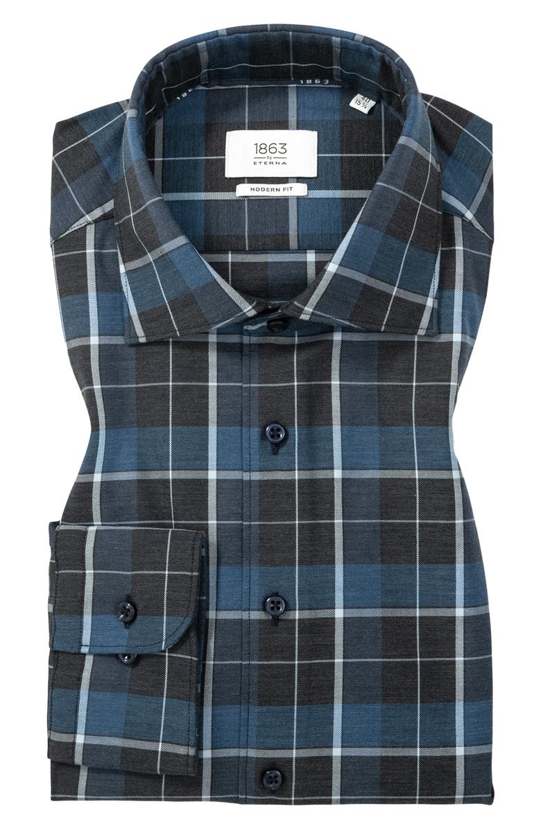 1863 by Eterna Modern Fit Plaid Non-Iron Cotton Twill Dress Shirt, Alternate, color, Dark Blue