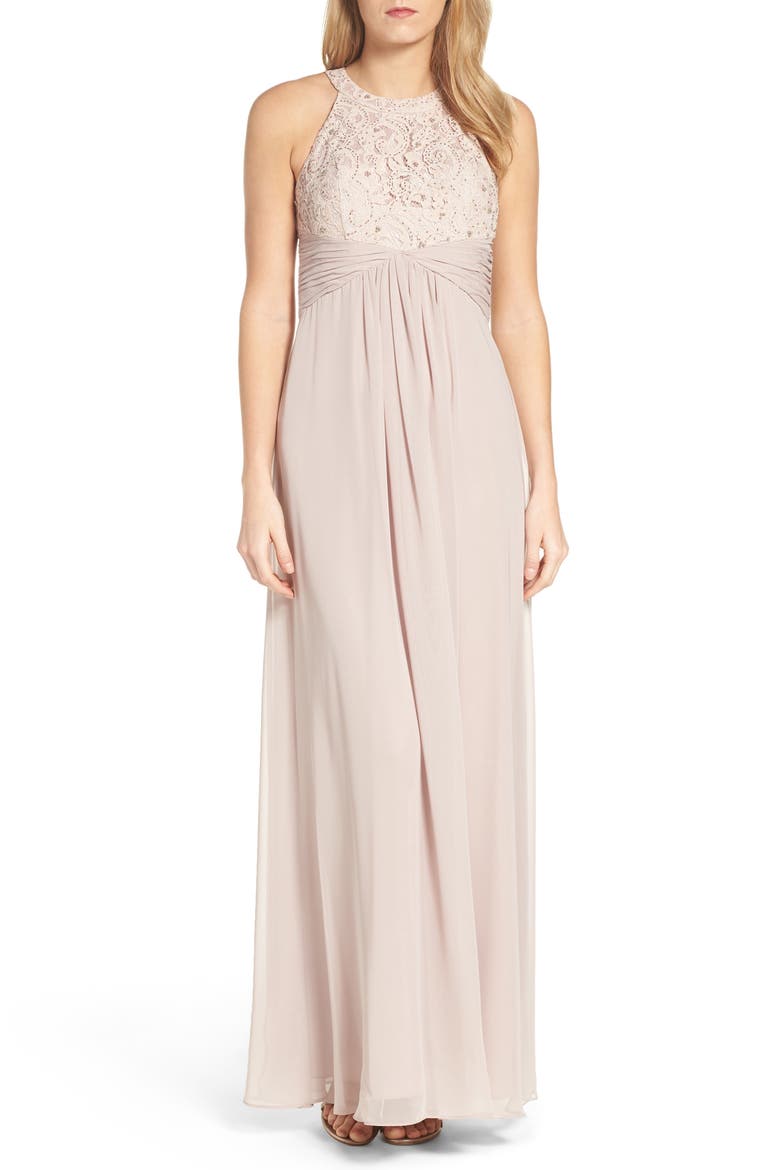 Beaded Lace & Chiffon Gown, Main, color, CHAMPAGNE