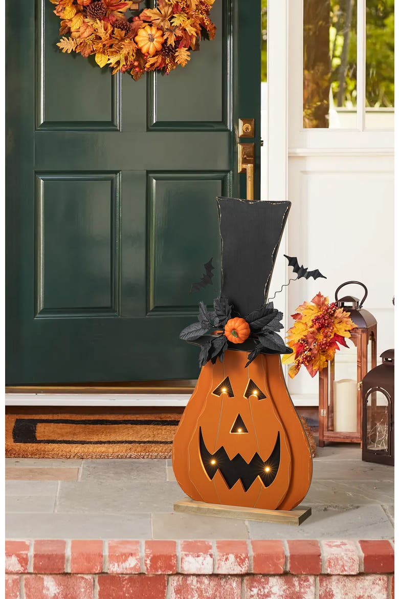 Halloween Lighted Wooden Jack-O-Lantern Porch Decor with Floral & Timer, Alternate, color, Orange