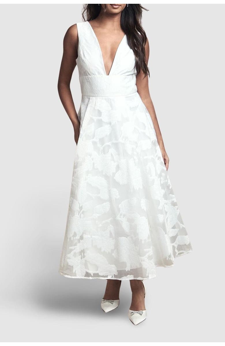 Coast Plunge V-Neck Jacquard Midi Dress, Alternate, color, Ivory