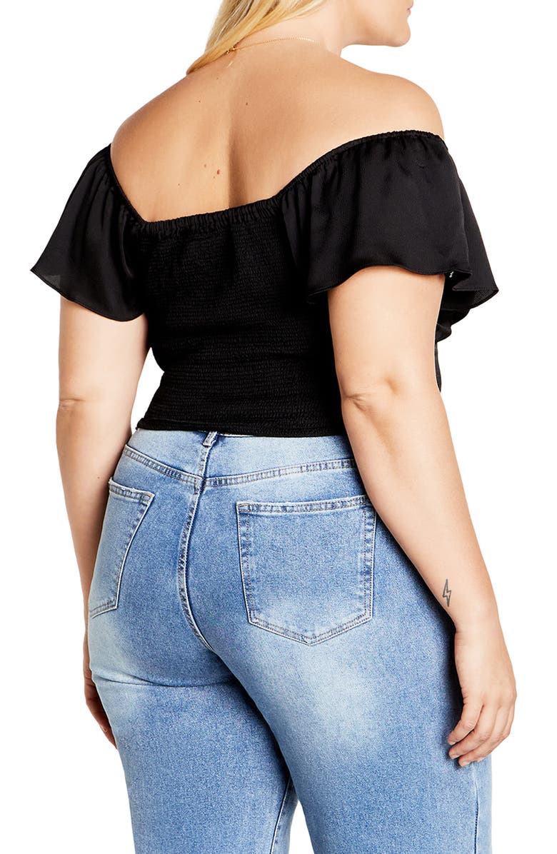 City Chic Mae Ruffle Off the Shoulder Crop Top, Alternate, color, Black