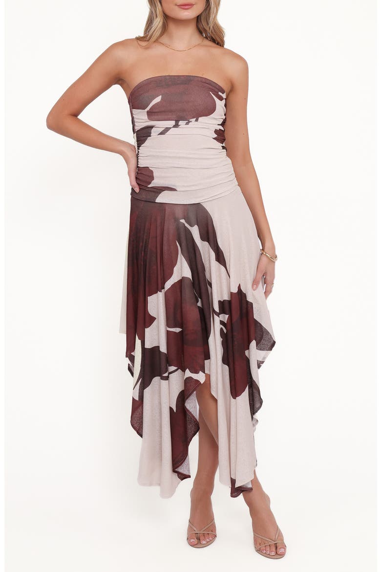 Doreen Strapless Midi Dress, Main, color, BROWN FLORAL
