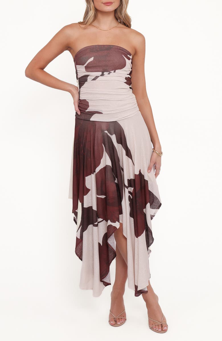 Petal & Pup Doreen Strapless Midi Dress, Main, color, Brown Floral