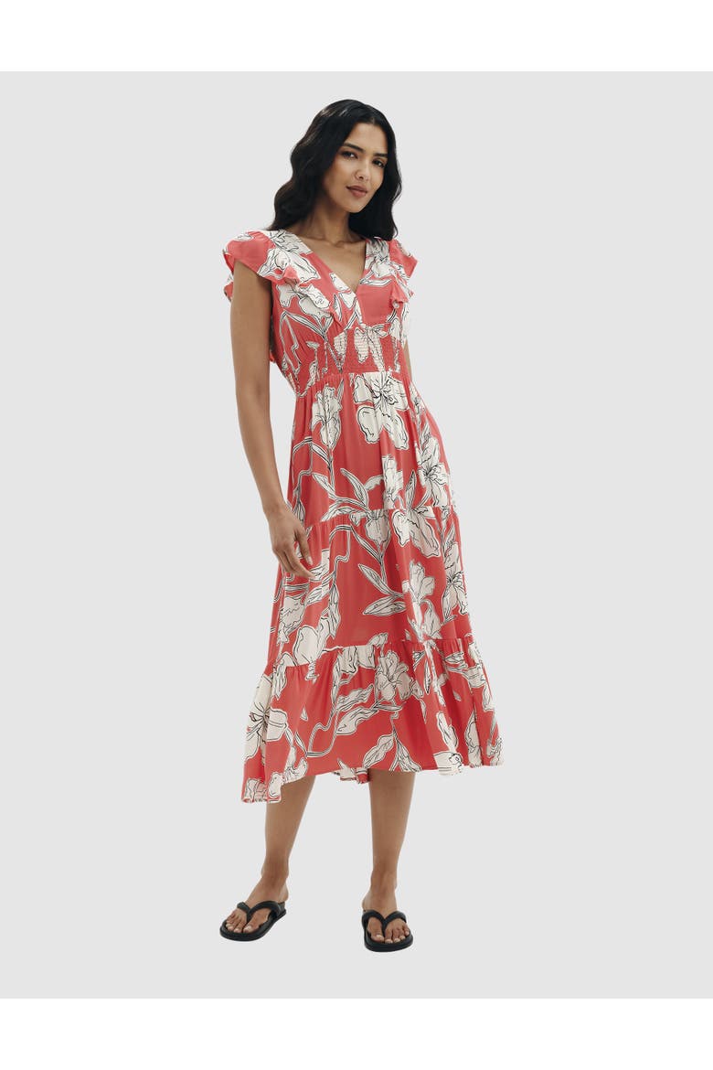 Petite Mattie V-Neck Tiered Midi Dress, Main, color, Red Floral