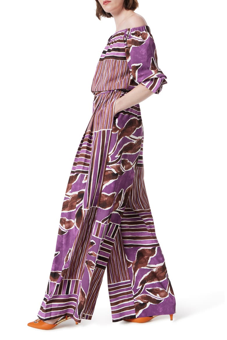 Print Off the Shoulder Wide Leg Jumpsuit, Alternate, color, BLACK PLUM