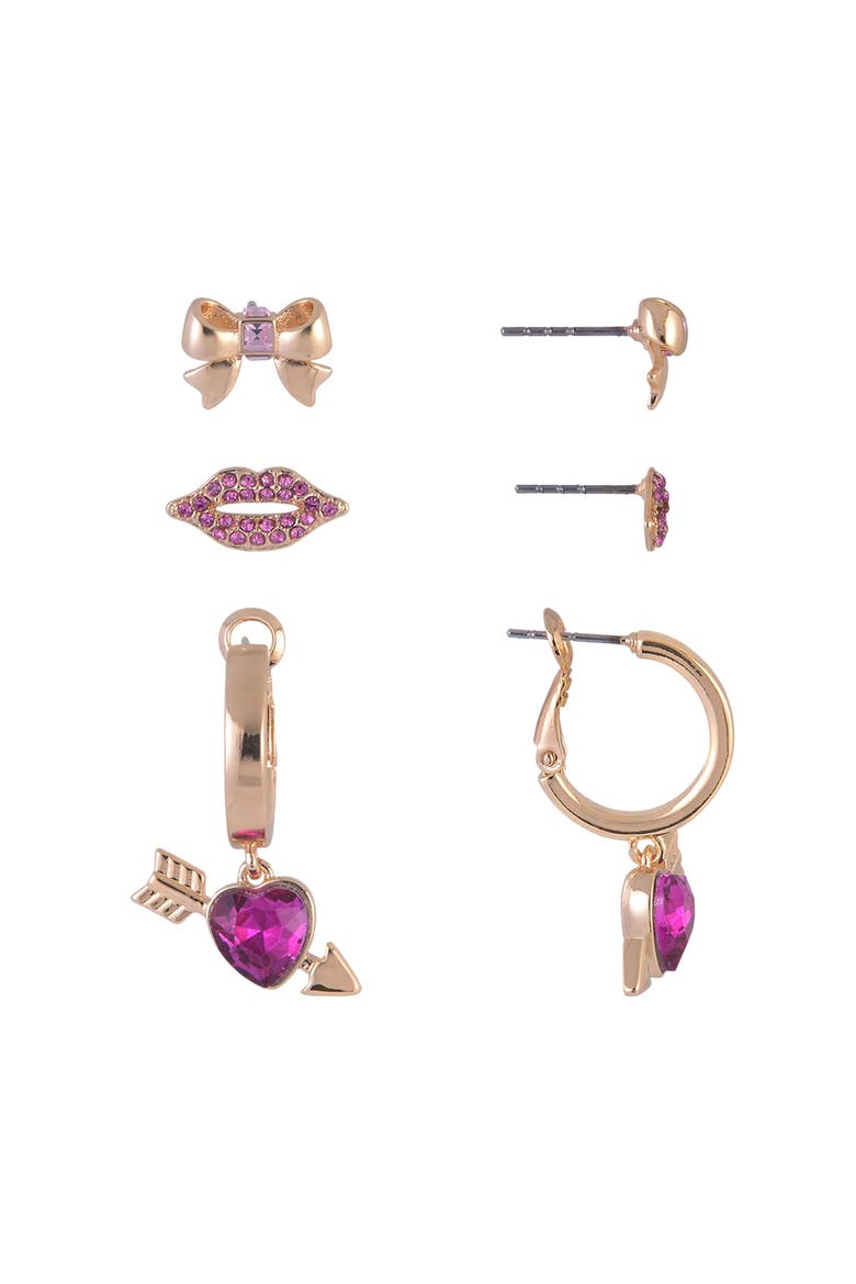 Gold Tone Trio Earring Set, Alternate, color, Pink