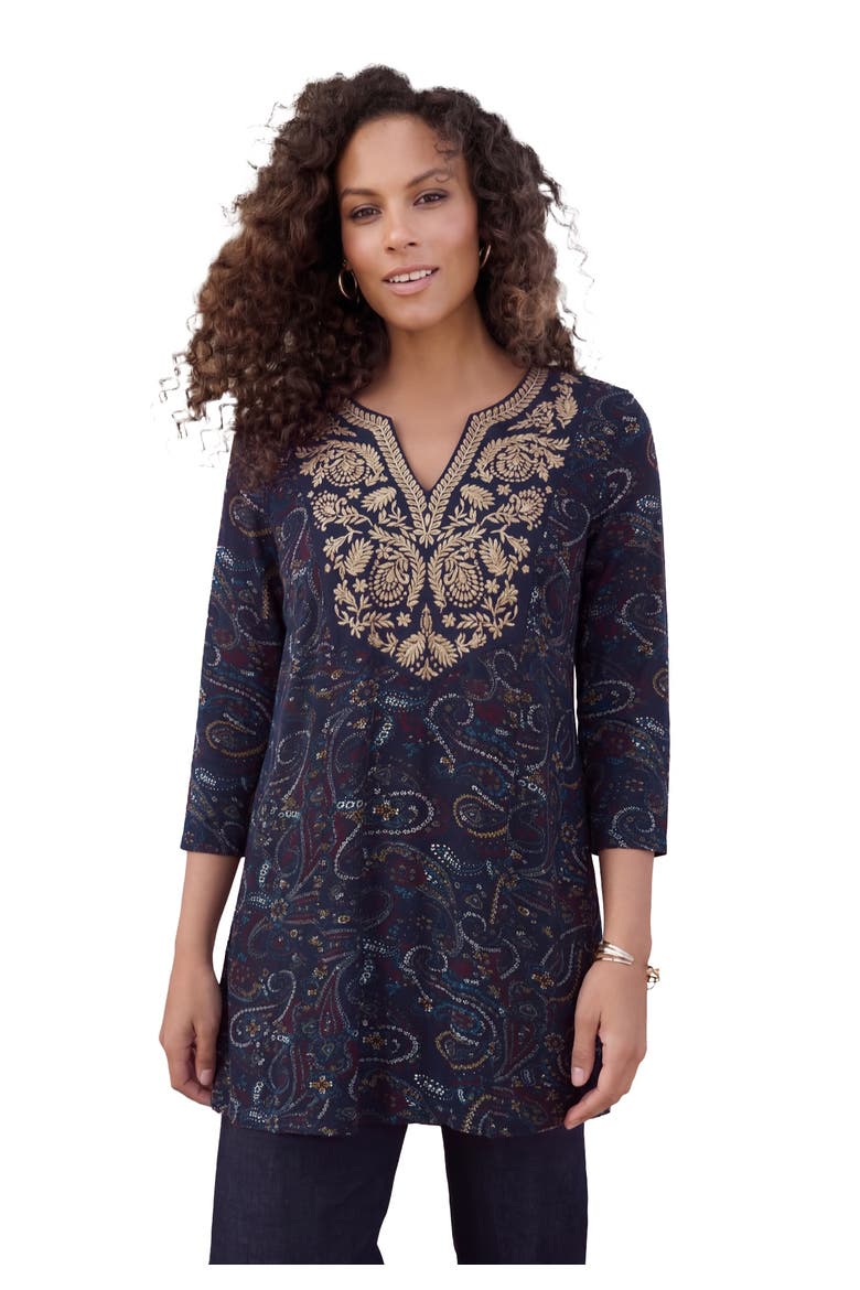 Embroidered Swing Tunic, Main, color, NAVY DITSY FLORAL PAISLEY