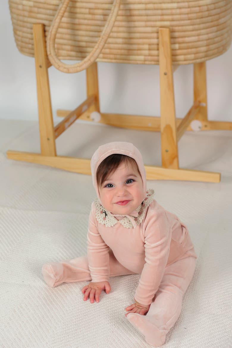 Velour Crochet Collar Snap Back Romper and Bonnet Set, Alternate, color, Off White